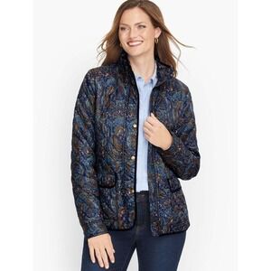 Talbots Womens Blue Paisley Quilted Barn Jacket Velvet Trim Snap Front XL Petite